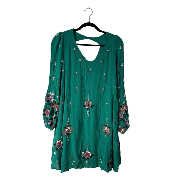 Free People Oxford Dress Size L Green Floral Embroidered Swing Mini Boho Cottage - Picture 1 of 13